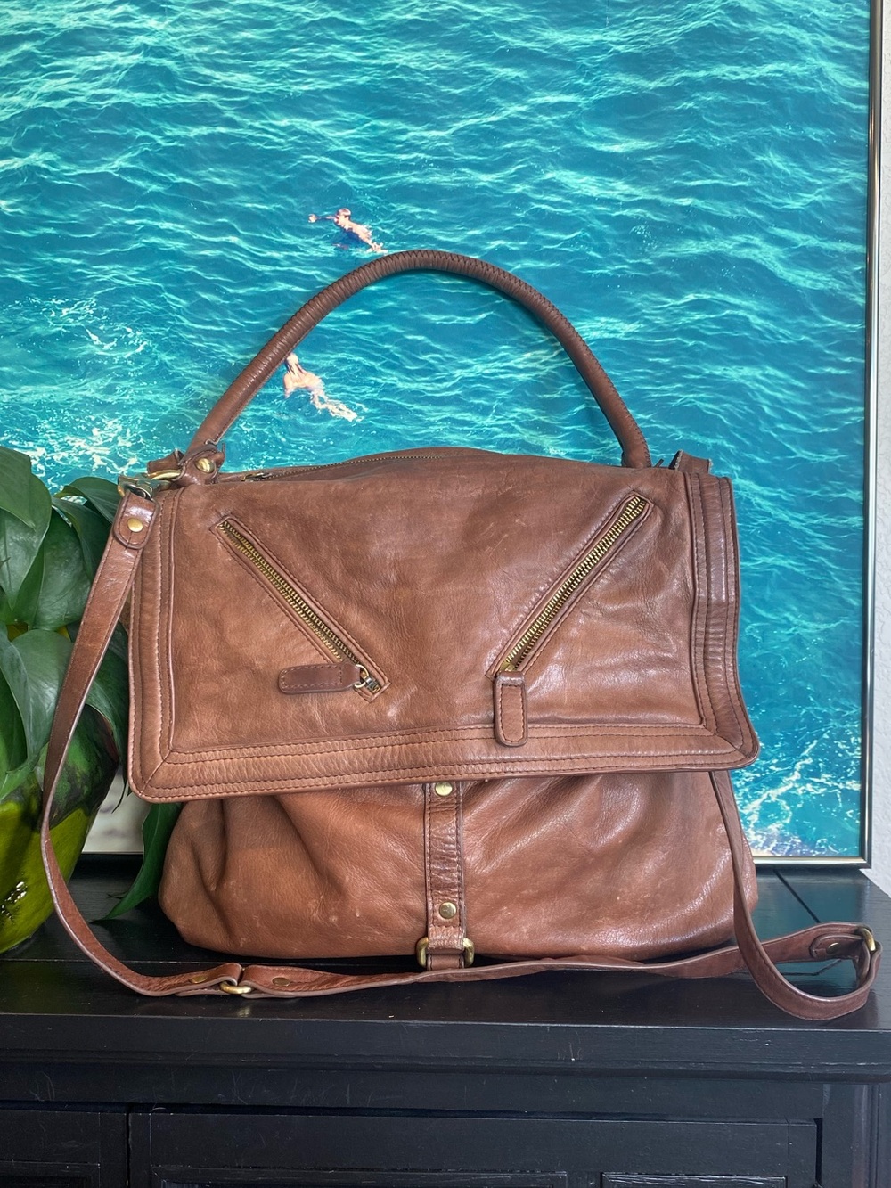 Sabrina New York fold-over convertible satchel/crossbody genuine leather